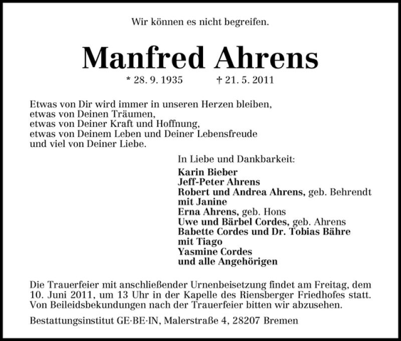 Traueranzeige von Manfred Ahrens von WESER-KURIER