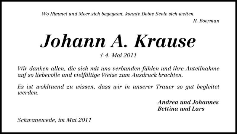 Traueranzeige von Johann A. Krause von WESER-KURIER