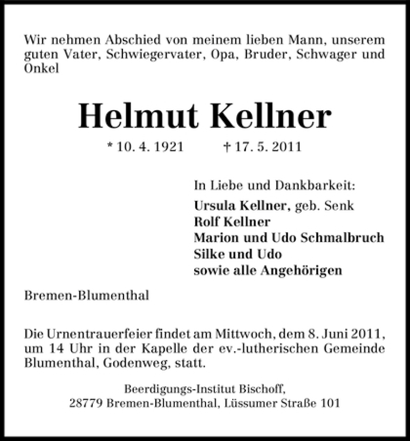 Traueranzeige von Helmut Kellner von WESER-KURIER