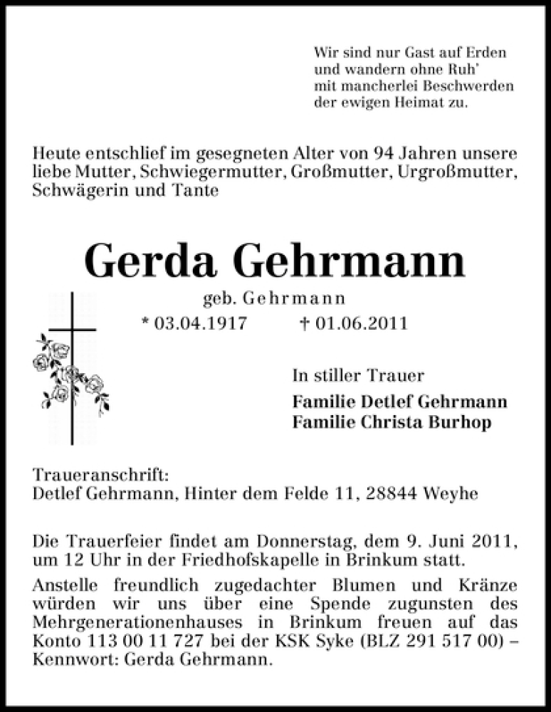 Traueranzeige von Gerda Gehrmann von WESER-KURIER