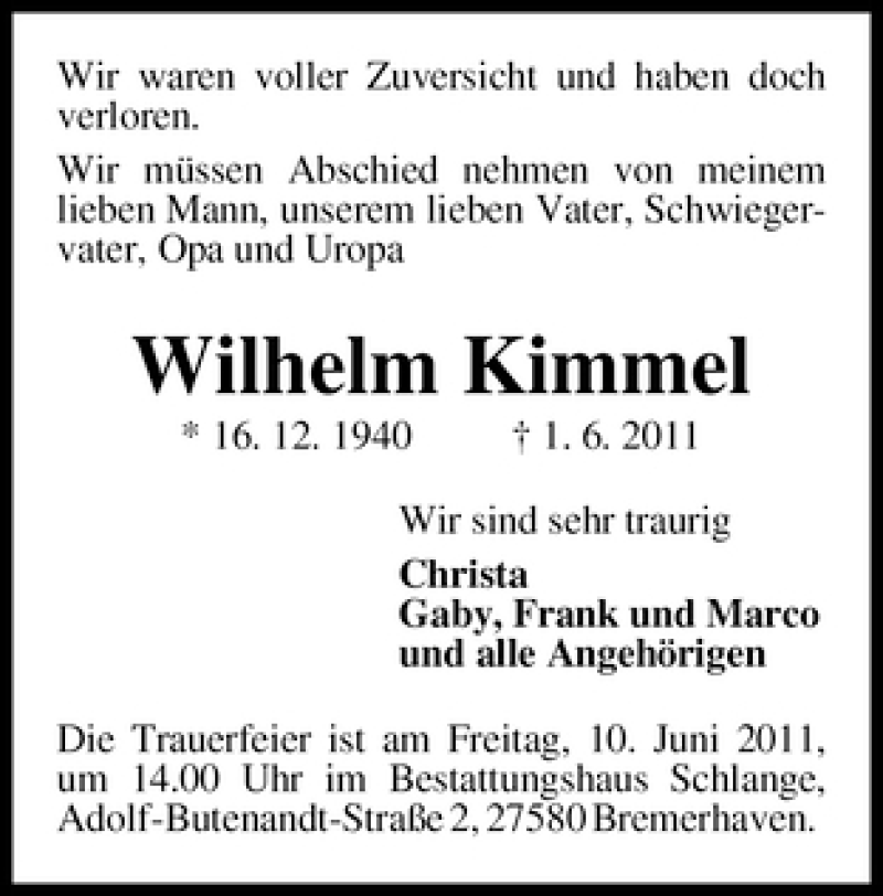 Traueranzeige von Wilhelm Kimmel von WESER-KURIER