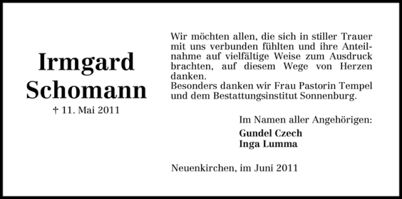 Traueranzeige von Irmgard Schomann von WESER-KURIER