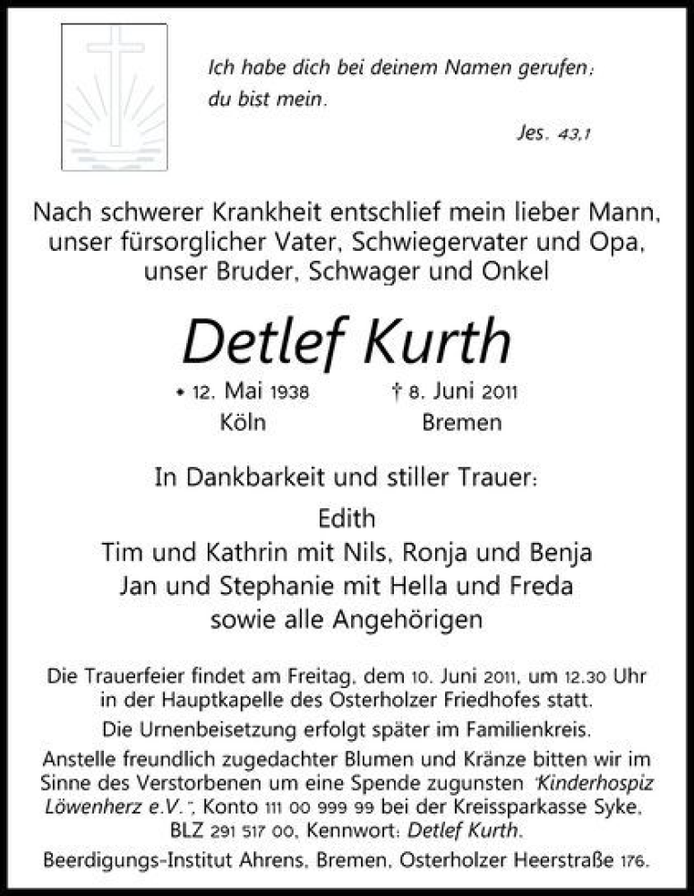Traueranzeige von Detlef Kurth von WESER-KURIER