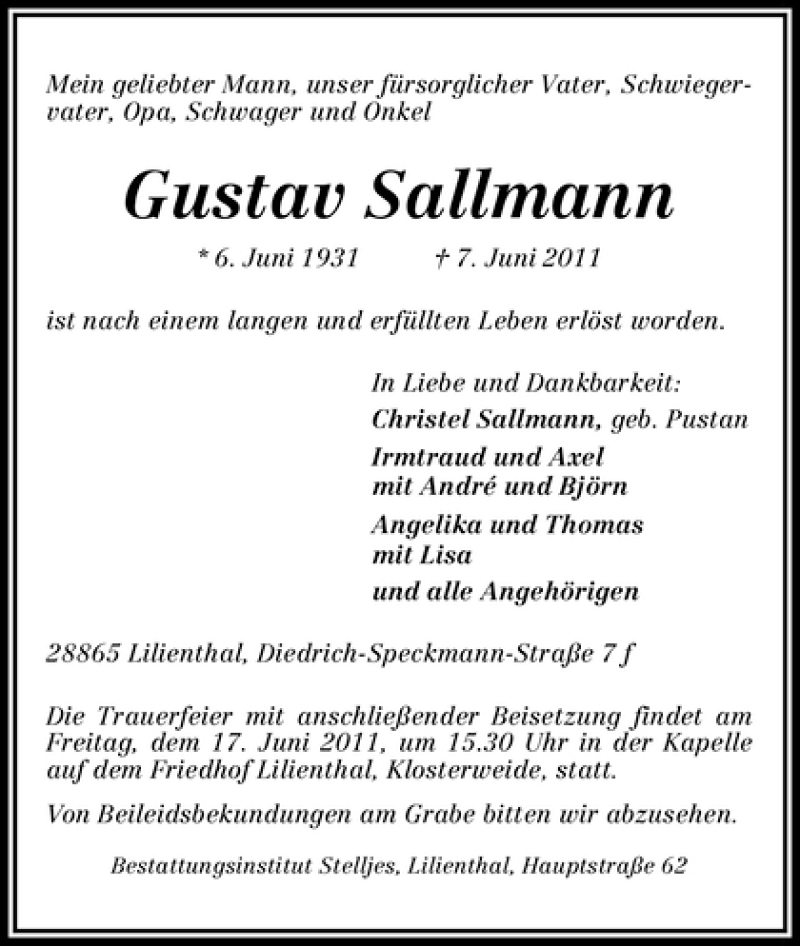 Traueranzeige von Gustav Sallmann von WESER-KURIER