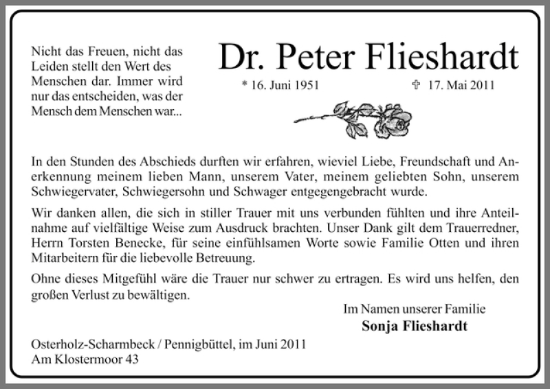 Traueranzeige von Dr. Peter Flieshardt von WESER-KURIER