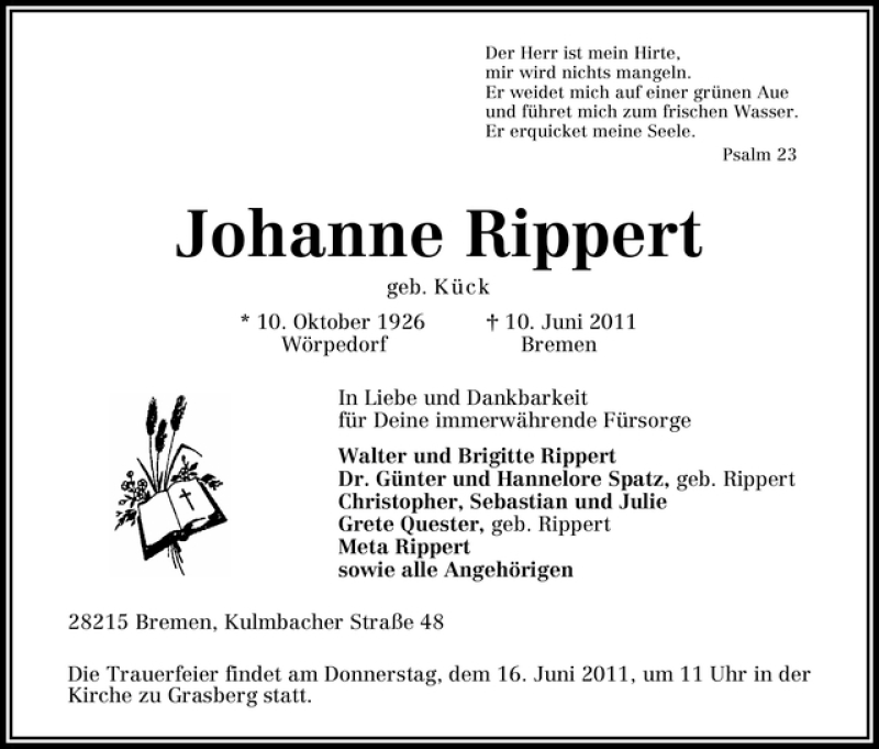 Traueranzeige von Johanne Rippert von WESER-KURIER