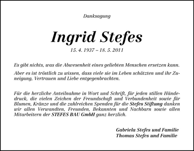  Traueranzeige für Ingrid Stefes vom 18.06.2011 aus WESER-KURIER