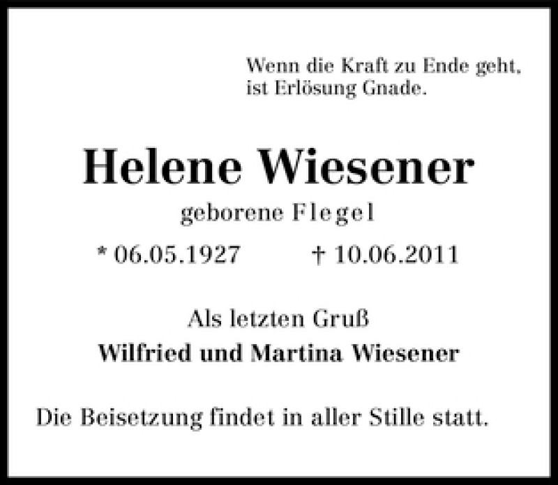 Traueranzeige von Helene Wiesener von WESER-KURIER