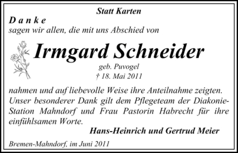  Traueranzeige für Irmgard Schneider vom 18.06.2011 aus WESER-KURIER