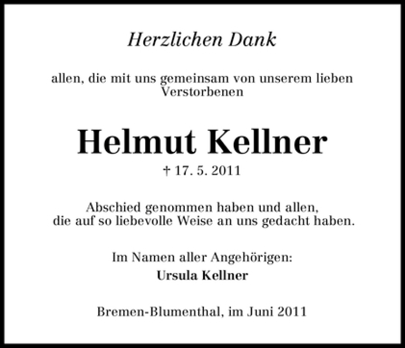 Traueranzeige von Helmut Kellner von WESER-KURIER