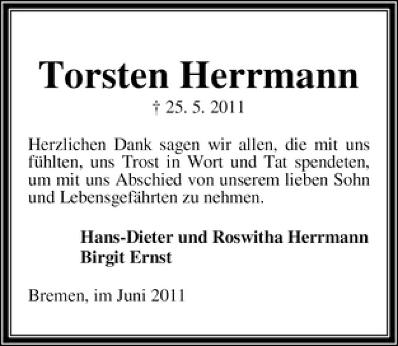  Traueranzeige für Torsten Herrmann vom 18.06.2011 aus WESER-KURIER