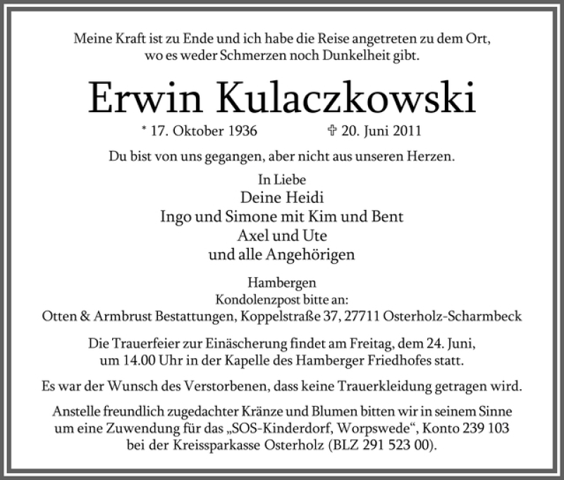  Traueranzeige für Erwin Kulaczkowski vom 21.06.2011 aus WESER-KURIER