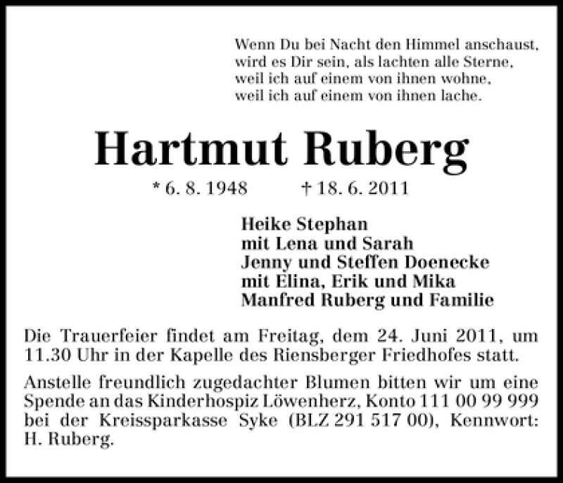  Traueranzeige für Hartmut Ruberg vom 22.06.2011 aus WESER-KURIER