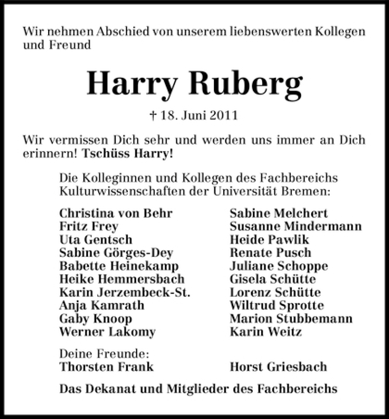  Traueranzeige für Hartmut Ruberg vom 22.06.2011 aus WESER-KURIER