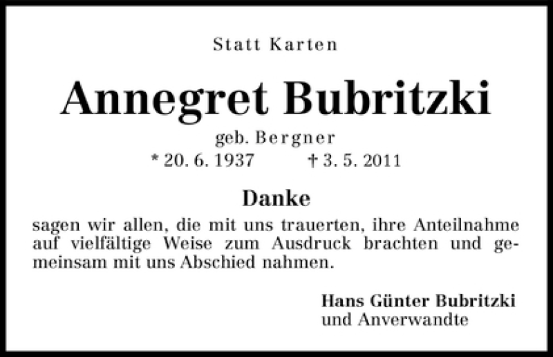 Traueranzeige von Annegret Bubritzki von WESER-KURIER