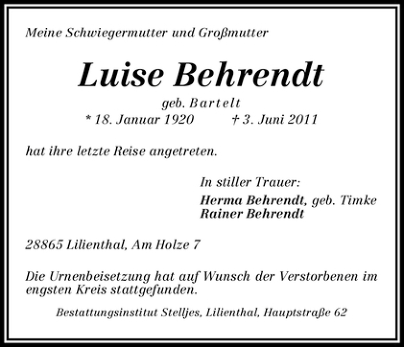 Traueranzeigen Von Luise Behrendt Trauer And Gedenken 