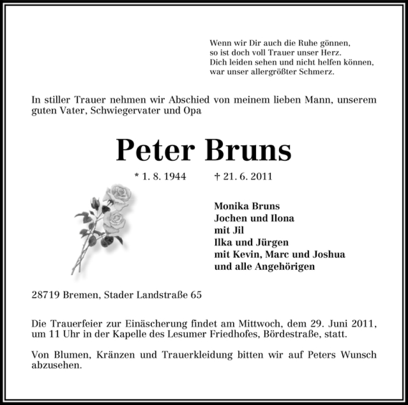 Traueranzeige von Peter Bruns von WESER-KURIER