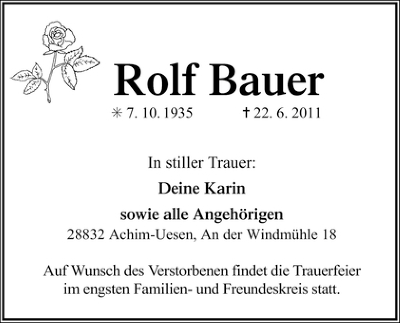 Traueranzeige von Rolf Bauer von WESER-KURIER