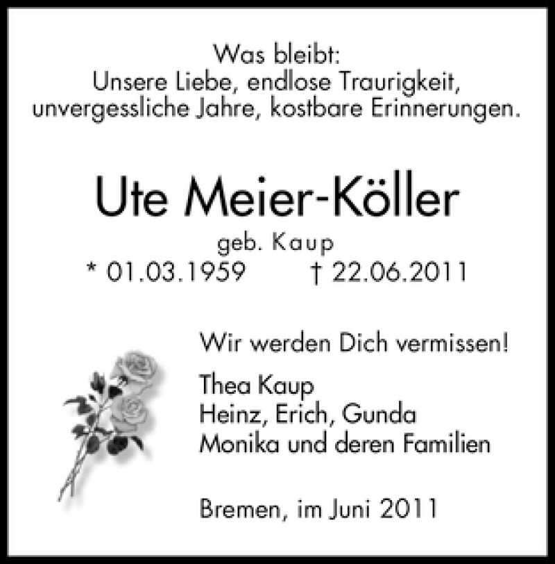 Traueranzeige von Ute Meier-Köller von WESER-KURIER