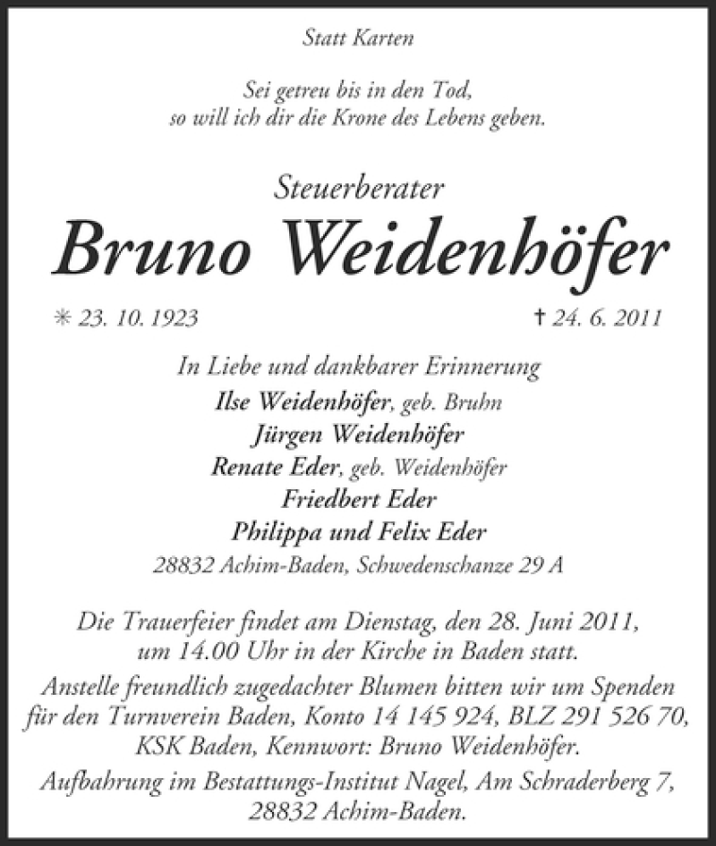 Traueranzeige von Bruno Weidenhöfer von WESER-KURIER