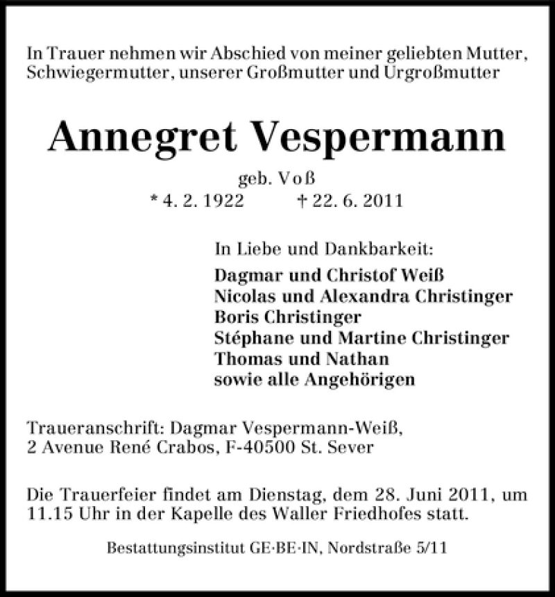 Traueranzeige von Annegret Vespermann von WESER-KURIER