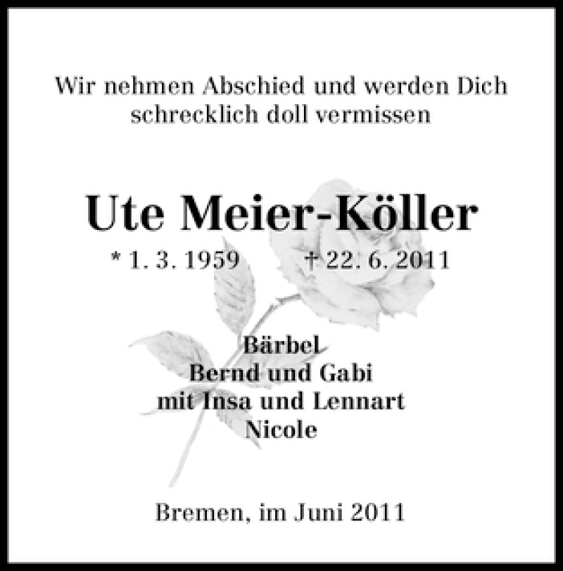Traueranzeige von Ute Meier-Köller von WESER-KURIER