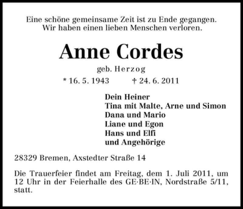 Traueranzeige für Anne Cordes vom 28.06.2011 aus WESER-KURIER