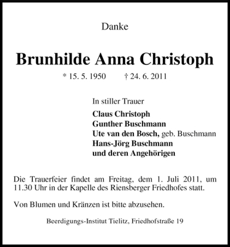 Traueranzeige von Brunhilde Anna Christoph von WESER-KURIER