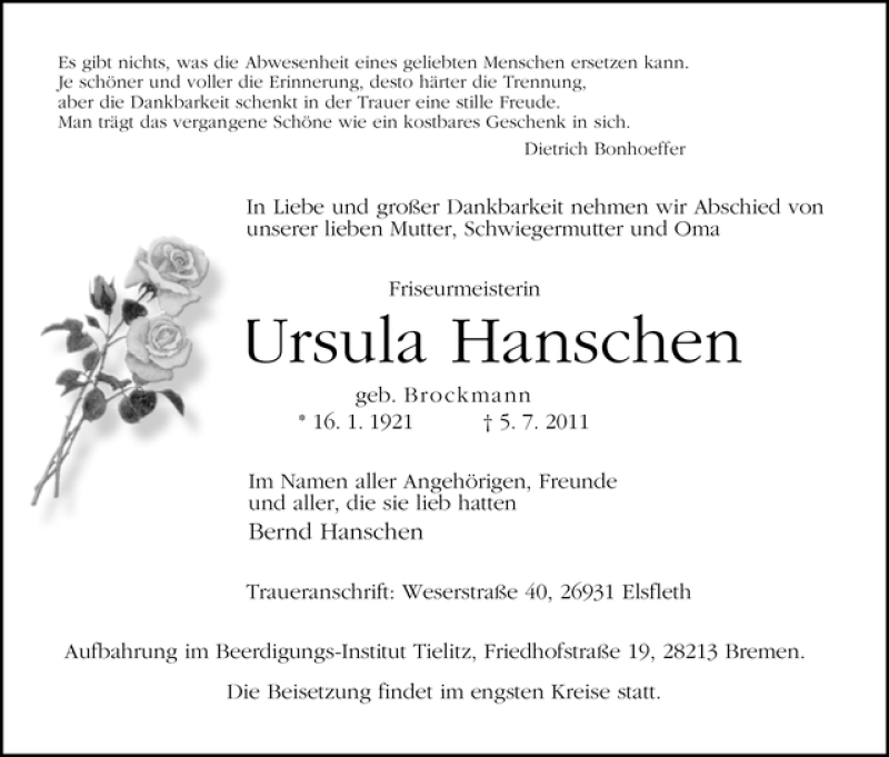  Traueranzeige für Ursula Hanschen vom 07.07.2011 aus WESER-KURIER