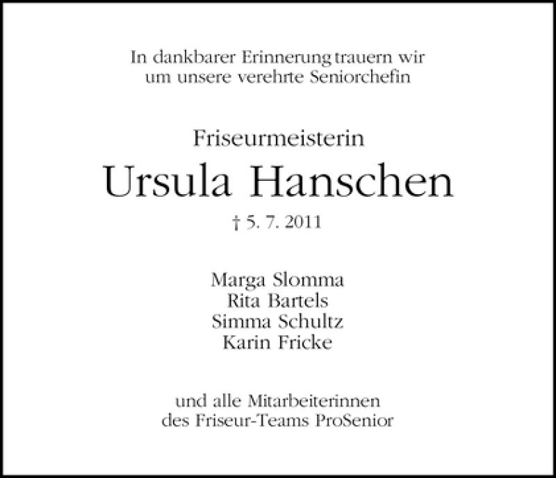 Traueranzeige für Ursula Hanschen vom 07.07.2011 aus WESER-KURIER