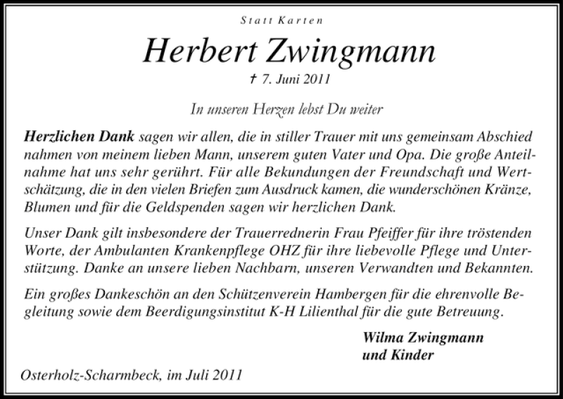 Traueranzeige von Herbert Zwingmann von WESER-KURIER