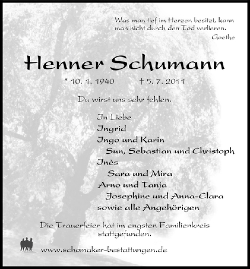 Traueranzeige von Henner Schumann von WESER-KURIER