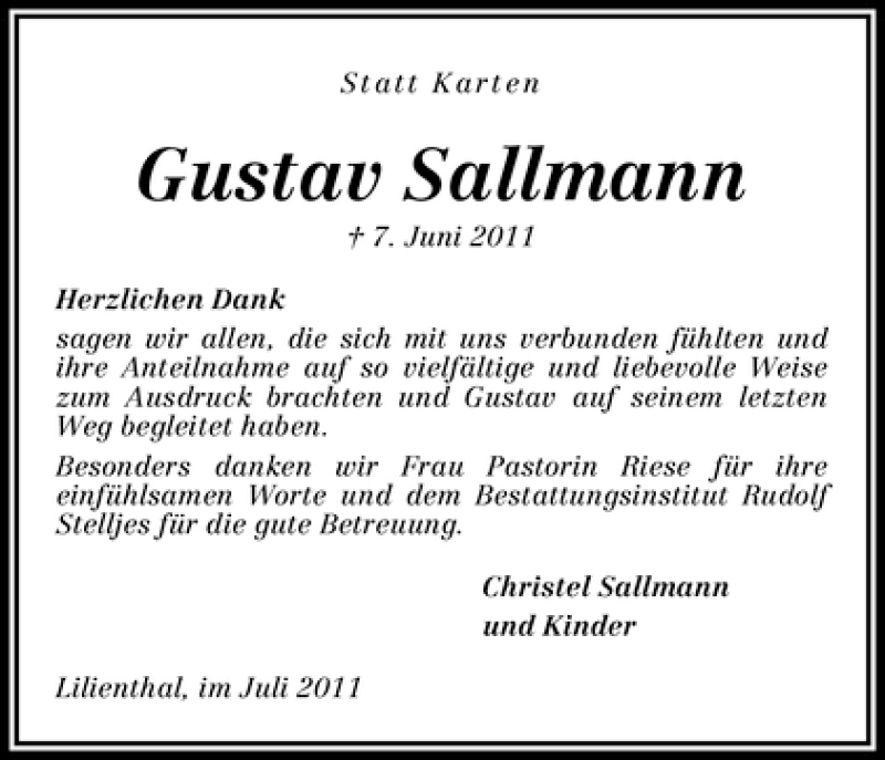 Traueranzeige von Gustav Sallmann von WESER-KURIER