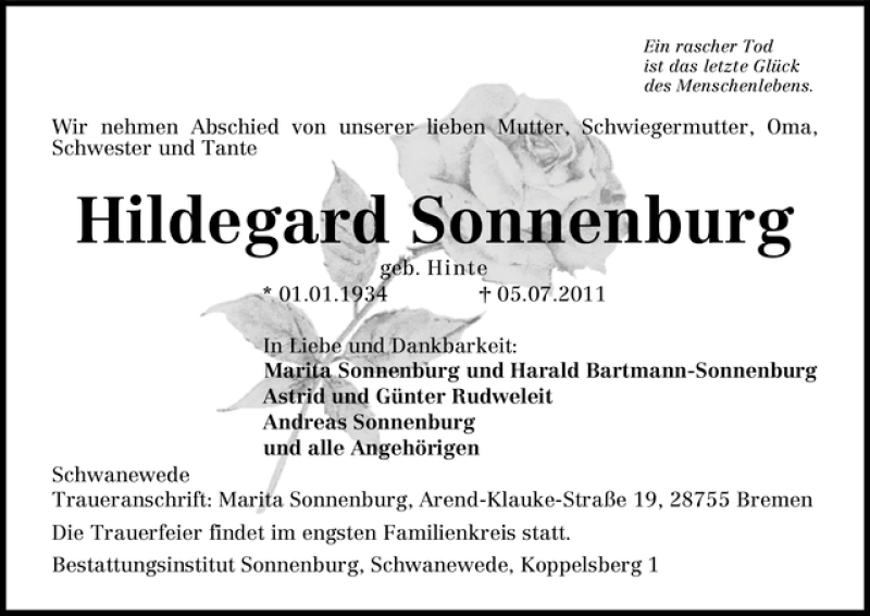 Traueranzeige von Hildegard Sonnenburg von WESER-KURIER