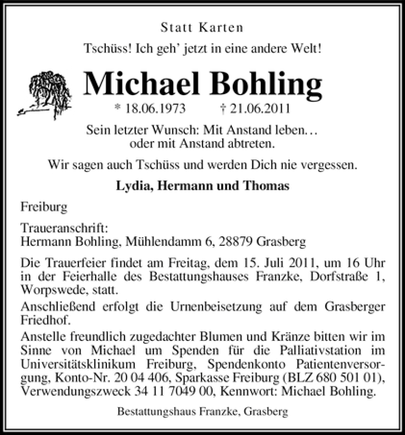  Traueranzeige für Michael Bohling vom 09.07.2011 aus WESER-KURIER