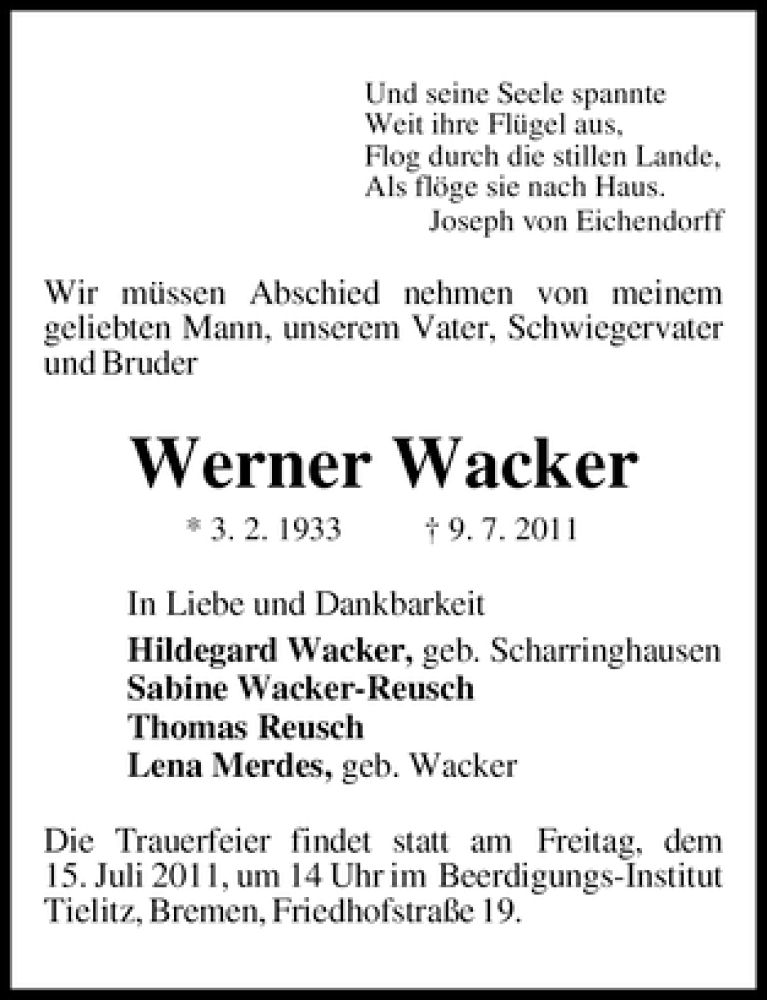 Traueranzeige von Werner Wacker von WESER-KURIER