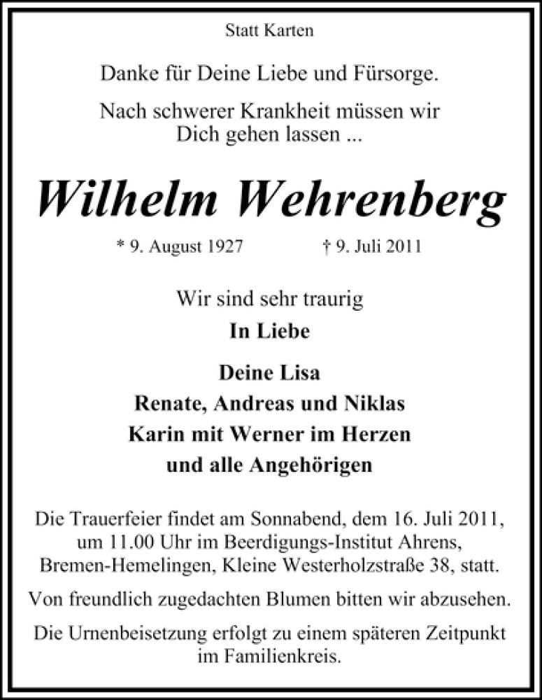 Traueranzeige von Wilhelm Wehrenberg von WESER-KURIER