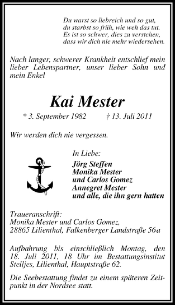  Traueranzeige für Kai Mester vom 15.07.2011 aus WESER-KURIER