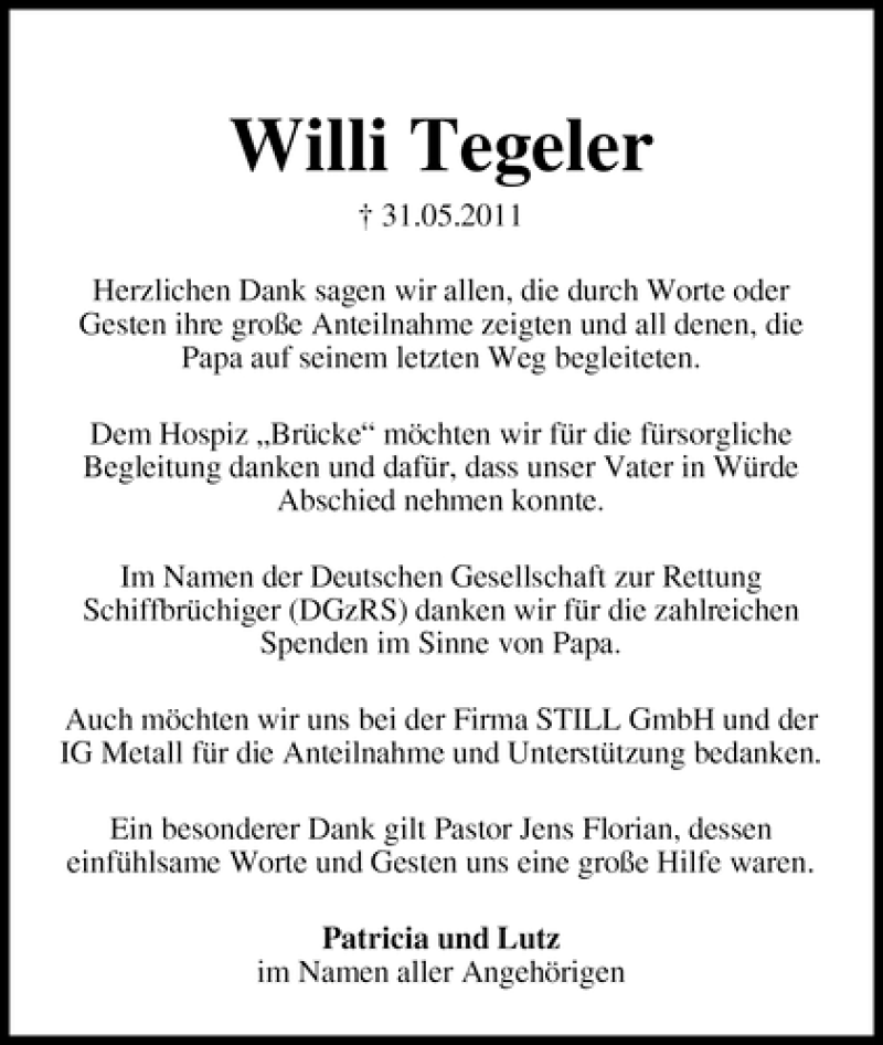 Traueranzeige von Willi Tegeler von WESER-KURIER