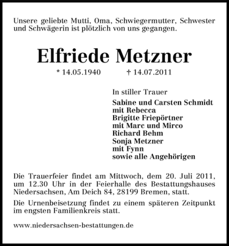 Traueranzeige von Elfriede Metzner von WESER-KURIER
