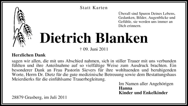 Traueranzeige von Dietrich Blanken von WESER-KURIER