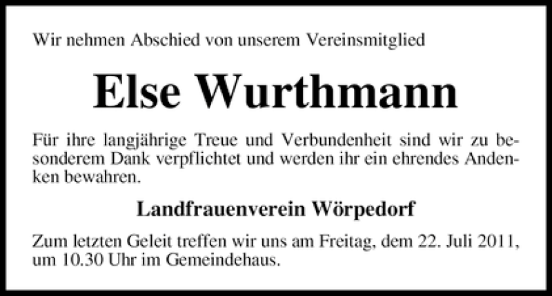 Traueranzeige von Else Wurthmann von WESER-KURIER