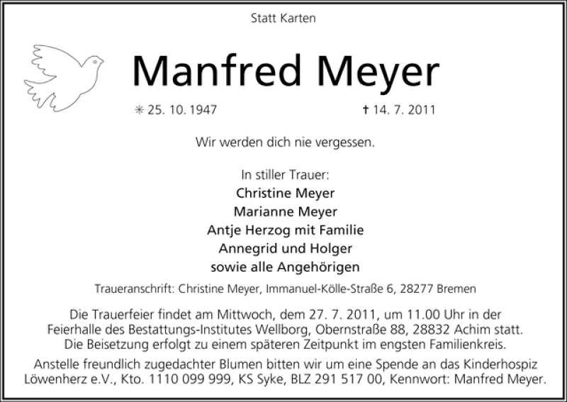 Traueranzeige von Manfred Meyer von WESER-KURIER
