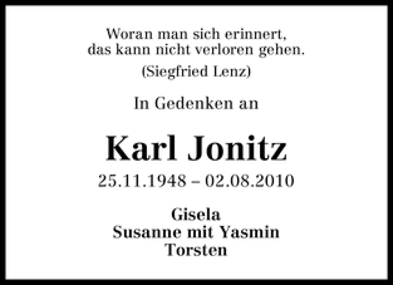  Traueranzeige für Karl Jonitz vom 02.08.2011 aus WESER-KURIER