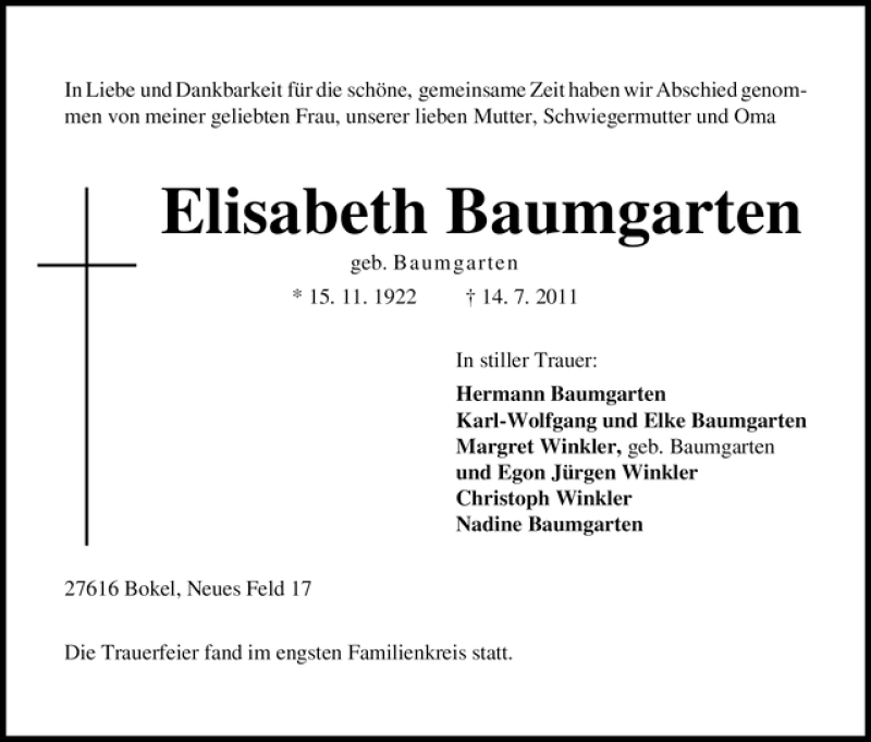 Traueranzeige von Elisabeth Baumgarten von WESER-KURIER