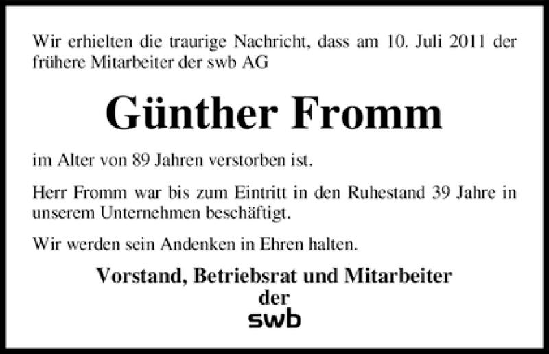 Traueranzeige von Günther Fromm von WESER-KURIER