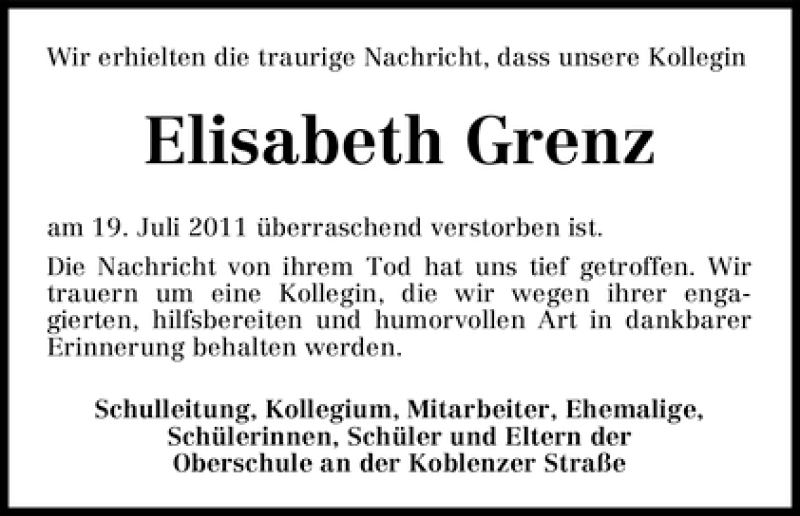 Traueranzeige von Elisabeth Grenz von WESER-KURIER