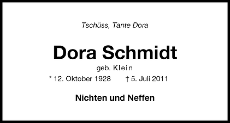  Traueranzeige für Dora Schmidt vom 23.07.2011 aus WESER-KURIER