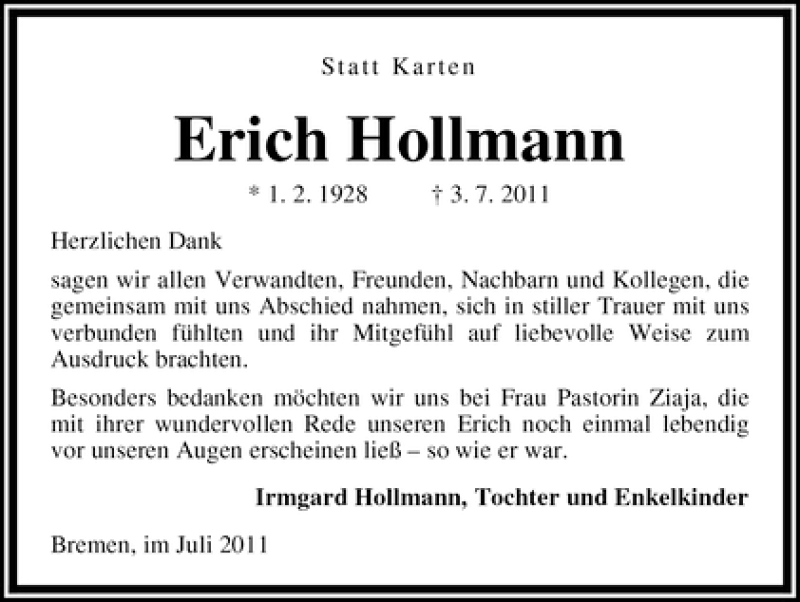  Traueranzeige für Erich Hollmann vom 23.07.2011 aus WESER-KURIER