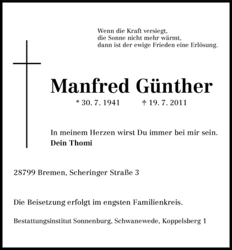 Traueranzeige von Manfred Günther von WESER-KURIER